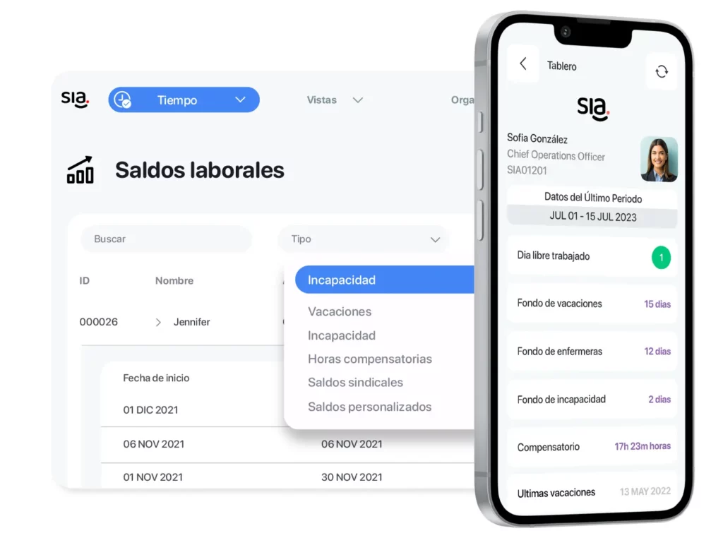 Pantalla web de saldos laborales de SIA con filtros por tipo (vacaciones, incapacidad, horas compensatorias) junto al tablero del colaborador en el celular.