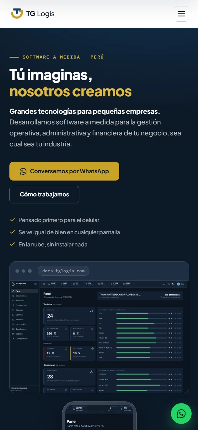 La misma web en el celular: el contenido se reordena en una sola columna.
