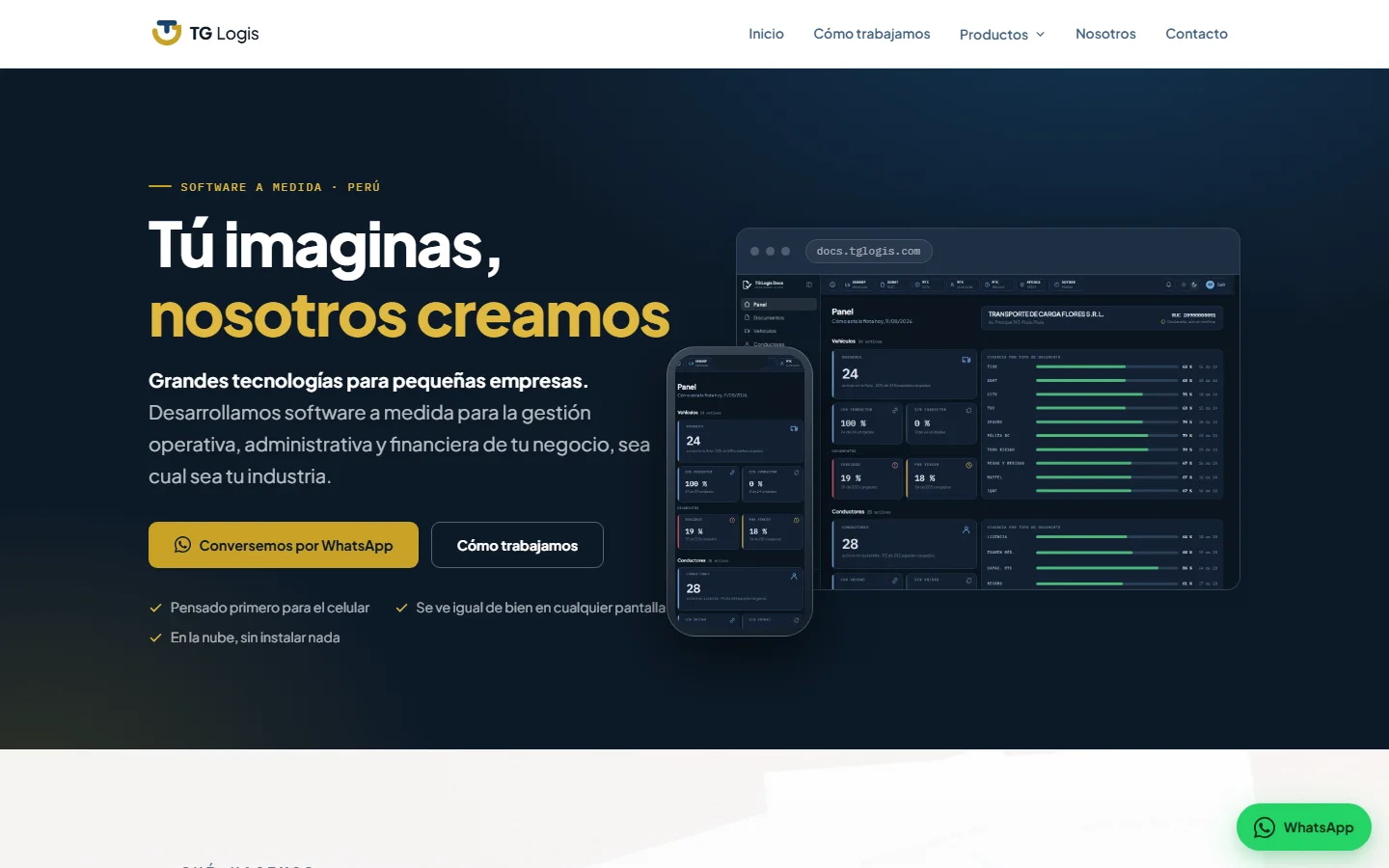 La web de TG Logis en computadora: portada con el titular, los botones de contacto y la captura del sistema.